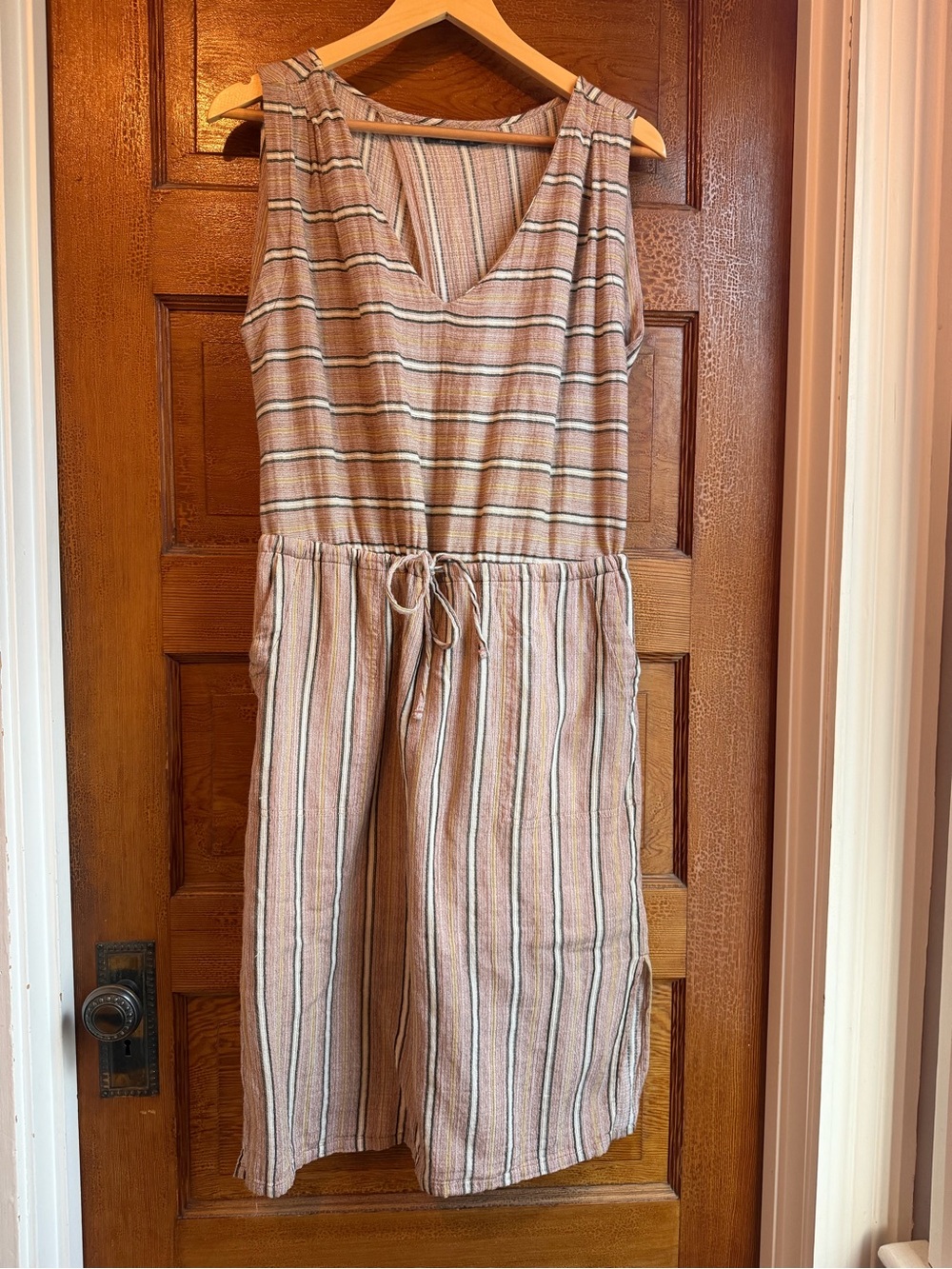 Prana Striped Sleeveless V-Neck Midi Dress in Rose and Tan
